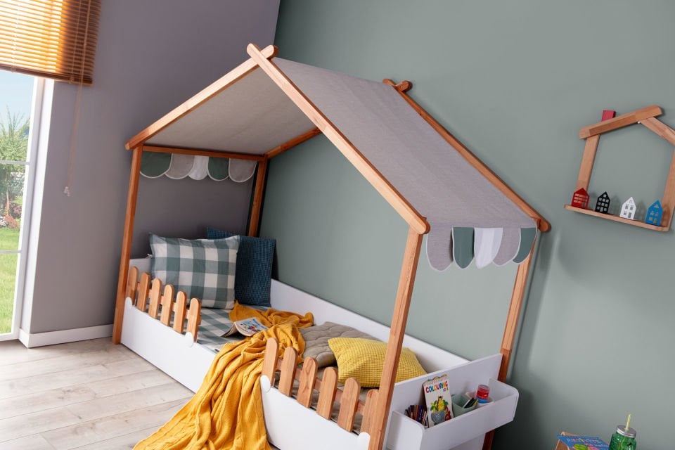 My House New Ahşap Ev Karyola Çadır (Bej) Montessori