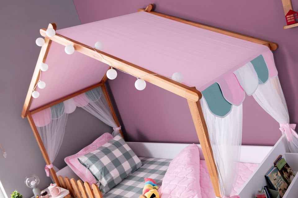 My House New Ahşap Ev Karyola Çadır (Pembe) Montessori
