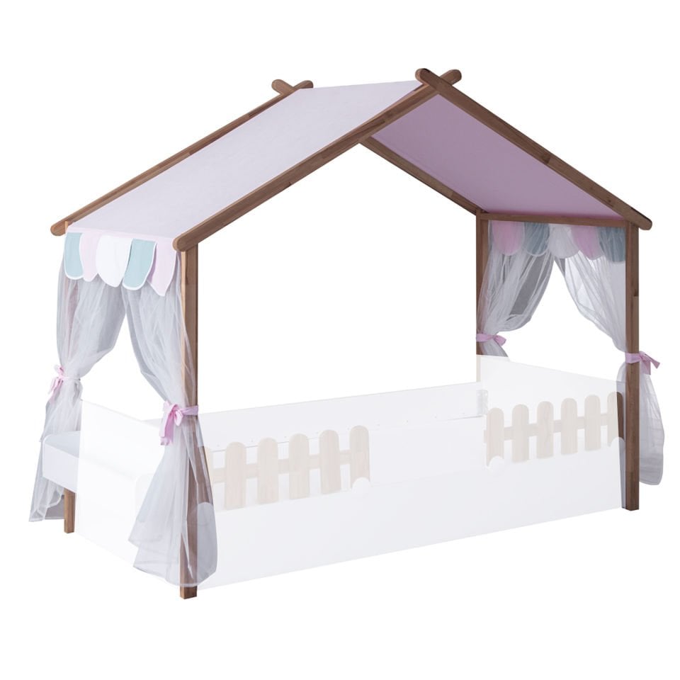 My House New Ahşap Ev Karyola Çadır (Pembe) Montessori